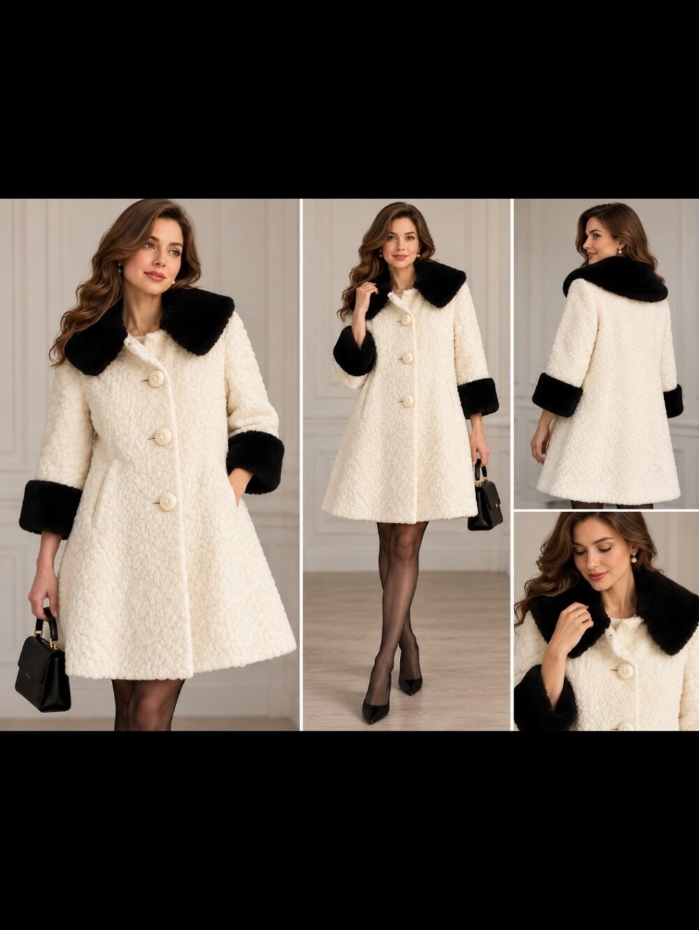 Vintage 1950s/60s Ivory Textured Faux Fur Coat Black Fur Collar Cuffs ILGWU S